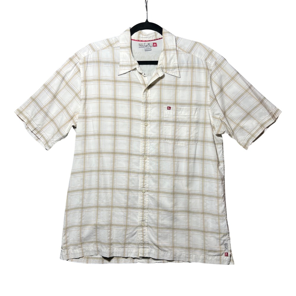Quiksilver Mens Large Plaid Short Sleeve Button Down Shirt Tan White Y2K Skate